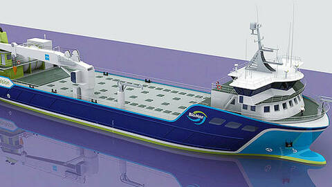 Tegning av nytt gassdrevet skip for frakt av fiskefôr. Foto: Nordnorsk Skipskonsult AS
