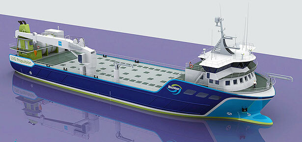 Tegning av nytt gassdrevet skip for frakt av fiskefôr. Foto: Nordnorsk Skipskonsult AS