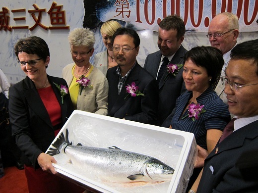 Laks nummer 10 million har nådd Shanghai i Kina. Fra venstre på bildet står fiskeri- og kystminister Lisbeth Berg-Hansen, tilsynsdirektør i Mattilsynet Kristina Landsverk, EFFs utsending i Kina og Hong Kong Åshild Nakken, Director Superbrand Brand Mall Michico Kunioka, adm. dir. i Marine Harvest ASA Alf-Helge Aarskog, styremedlem i Eksportutvalget for fisk Line Ellingsen, pioneren Bjørn Eng og Vice Executive President i China Aquatic Product Processing and Marketing Association Cui He. Foto: Norwegian Seafood Council