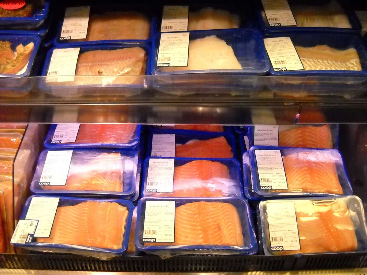 En ferskfiskdisk i Tromsø med filet av laks og hvitfisk. Illustrasjonsfoto: Pjokken Eide / Norwegian Seafood Council