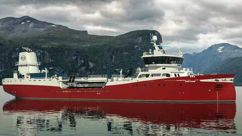 Den nye brønnbåten blir nær 77 meter lang og får et lasteromsvolum på 3.000 m3. Illustrasjon: Aas Mek. Verksted AS.