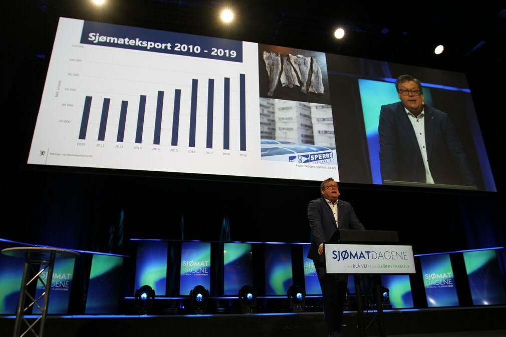 Fiskeri- og sjømatminister Harald T. Nesvik på Sjømatdagene på Hell 2020. Foto: NFD