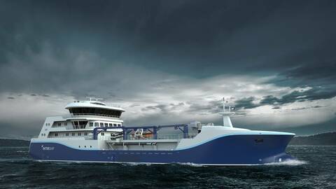 Den nye brønnbåten skal bygges i Bilbao i Spania og skal leveres i 2022. Illustrasjon: Salt Ship Design