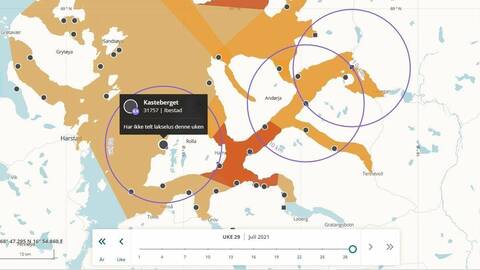 Fiskesykdommen infeksiøs lakseanemi er påvist ved sjølokaliteten Kasteberget i Ibestad kommune. Kart: BarentsWatch