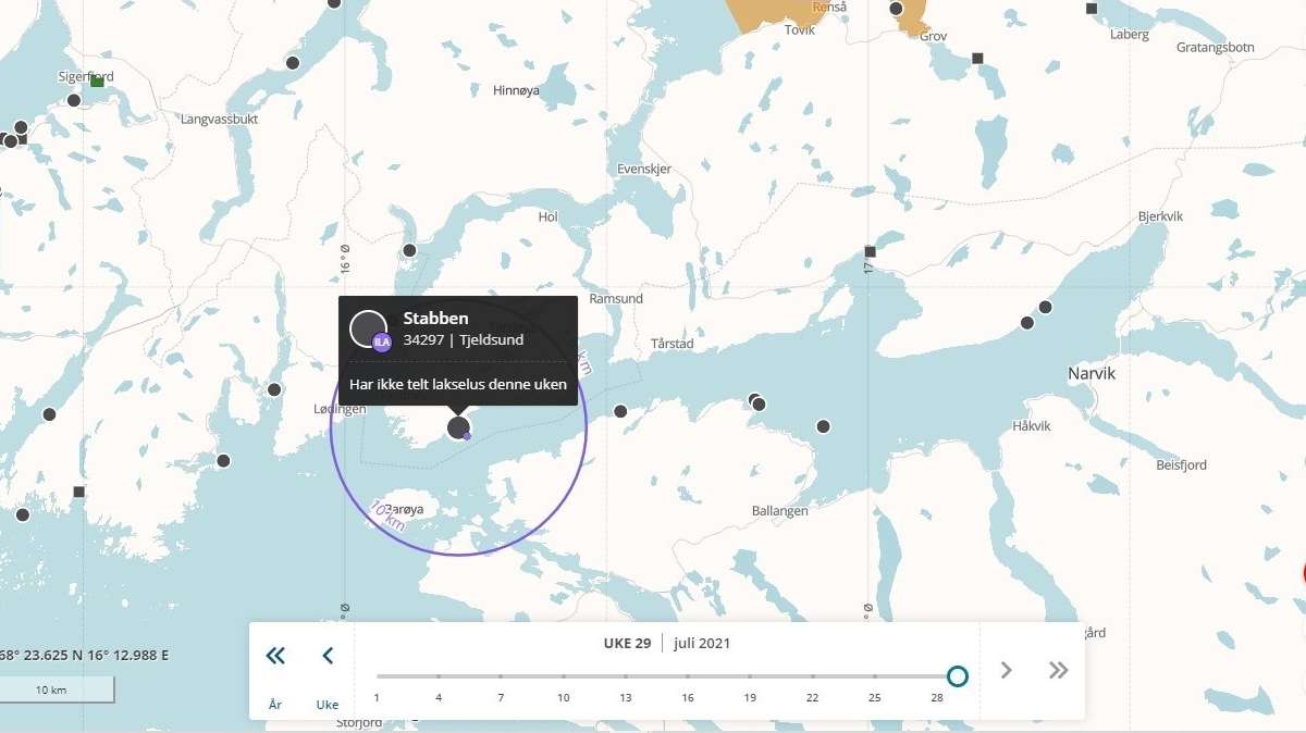 Det er mistanke om fiskesykdommen infeksiøs lakseanemi ved sjølokaliteten Stabben i Tjeldsund kommune. Kart: BarentsWatch