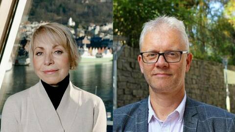 Avtroppende havforskningsdirektør Sissel Rogne gratulerer påtroppende, Nils Gunnar Kvamstø. Foto: Pauls S. Amundsen / Havforskningsinstituttet / UiB