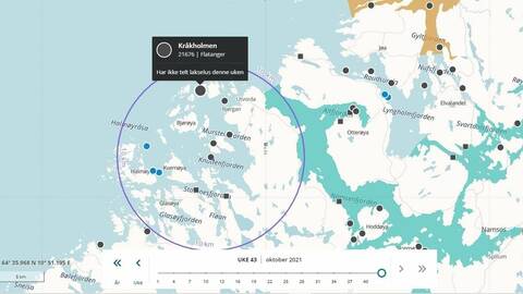 Fiskesykdommen infeksiøs lakseanemi er påvist ved sjølokaliteten Kråkholmen i Flatanger kommune. Kart: BarentsWatch