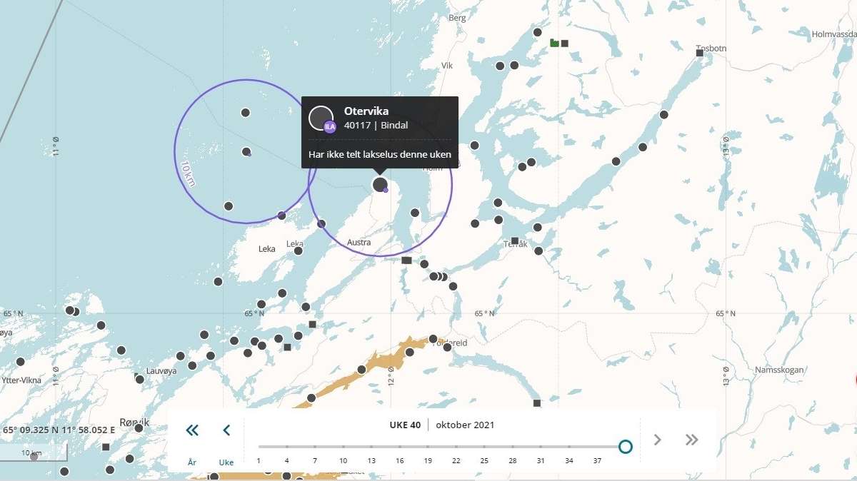 Det er mistanke om fiskesykdommen infeksiøs lakseanemi ved sjølokaliteten Otervika i Bindal kommune. Kart: BarentsWatch