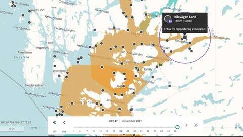 Det er mistanke om fiskesykdommen infeksiøs lakseanemi ved landlokaliteten Kilavågen Land i Suldal kommune. Kart: BarentsWatch