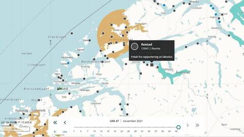 Fiskesykdommen infeksiøs lakseanemi er påvist ved stamfiskanlegget på Reistad i Rauma kommune. Kart: BarentsWatch