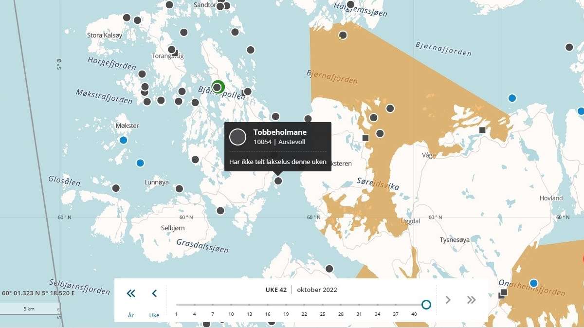 Det er mistanke om fiskesykdommen infeksiøs lakseanemi ved sjølokalitet Tobbeholmane i Austevoll kommune. Kart: BarentsWatch