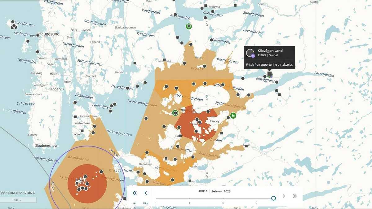 Fiskesykdommen infeksiøs lakseanemi er påvist ved strykestasjonen Kilavågen Land i Suldal kommune. Kart: BarentsWatch