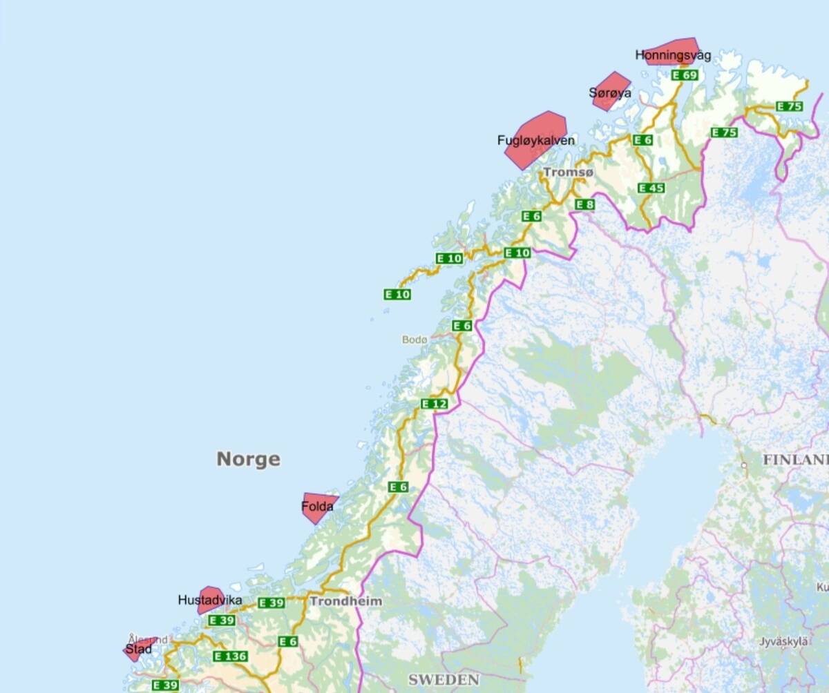 Kart fra kystinfo.kystverket.no med markering for særlig utsatte havområder. Illustrasjon: Kystverket